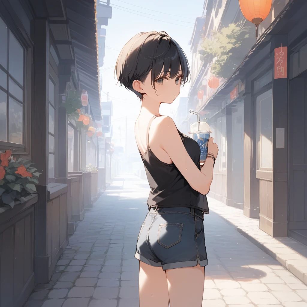 score_9, score_8_up, score_7_up, source_anime, best quality, masterpiece, official art, absurdres, highres, ultra-detailed,waifu2x,Collection: Serious Beauty,break,1girl, very short hair, pixie cut, breasts, beautiful detailed eyes, expressionless, shorts, sweat, drink, parted lips, outdoors, rural, wind, break,(clear line illustration:1.2), super detailed skin,very high resolution, very aesthetic, Best sexual lighting powered by famous artist, 8k, beauty illustration,photoshop_(medium),,(Detailed Lighting),best anime 8k konachan wallpaper, pixiv contest winner, 