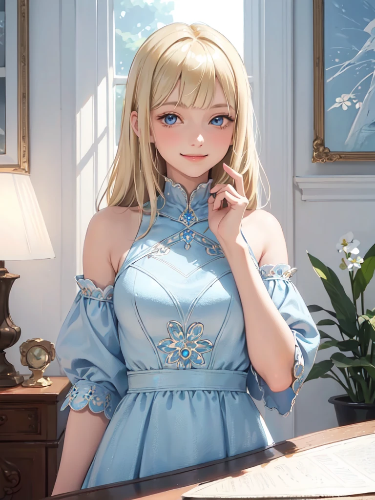1lady, solo, young girl, 16 years old, straight blonde hair, blunt bangs, Blue eyes, (smile), (masterpiece, best quality:1.2) delicate illustration, ultra-detailed, medium breasts, ((upper body)), (light blue dress), living room、Forced expression、cold