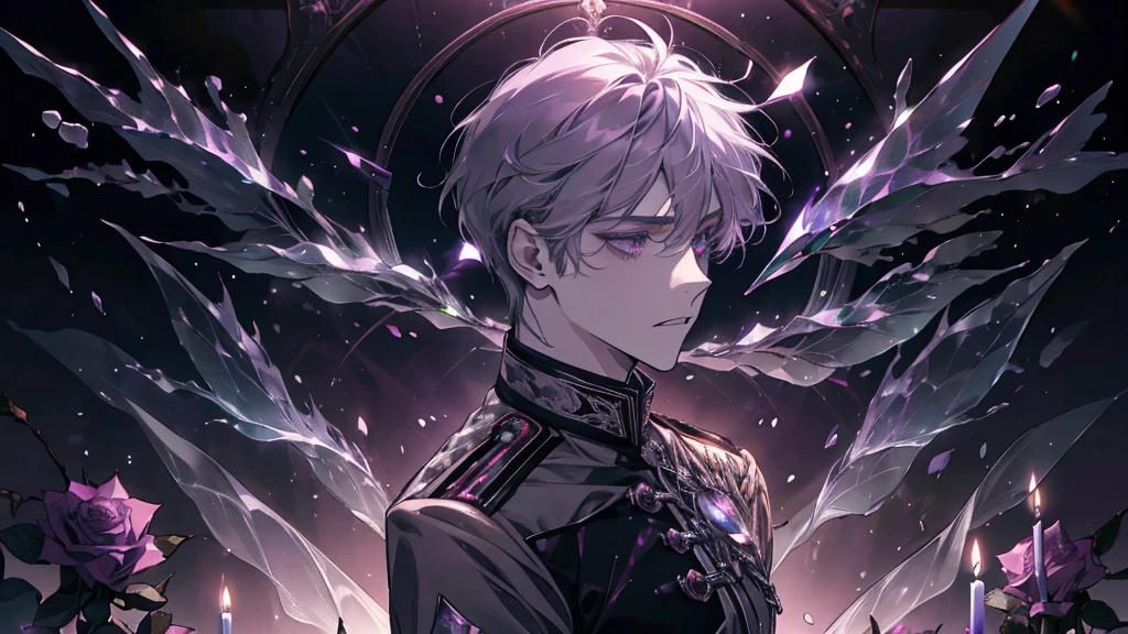 A Prince, purple lamp, haunting, mysterious, psychedelic, dark gray uniform with rainbow crystals, bioluminescent path, candles, briar, roses, thorns, pastel scatter light, glass hour