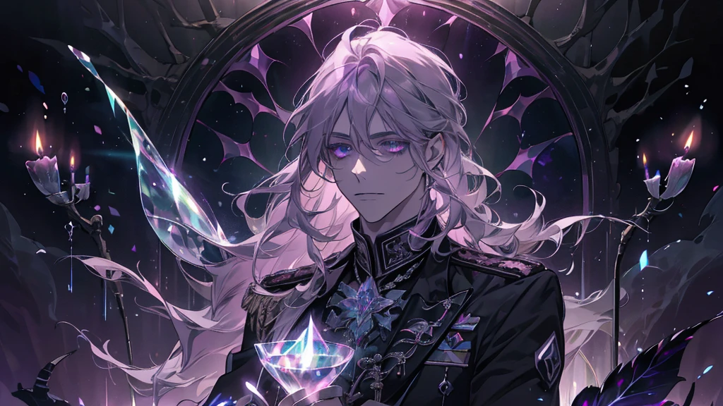 A Prince, purple lamp, haunting, mysterious, psychedelic, dark gray uniform with rainbow crystals, bioluminescent path, candles, briar, roses, thorns, pastel scatter light, glass hour