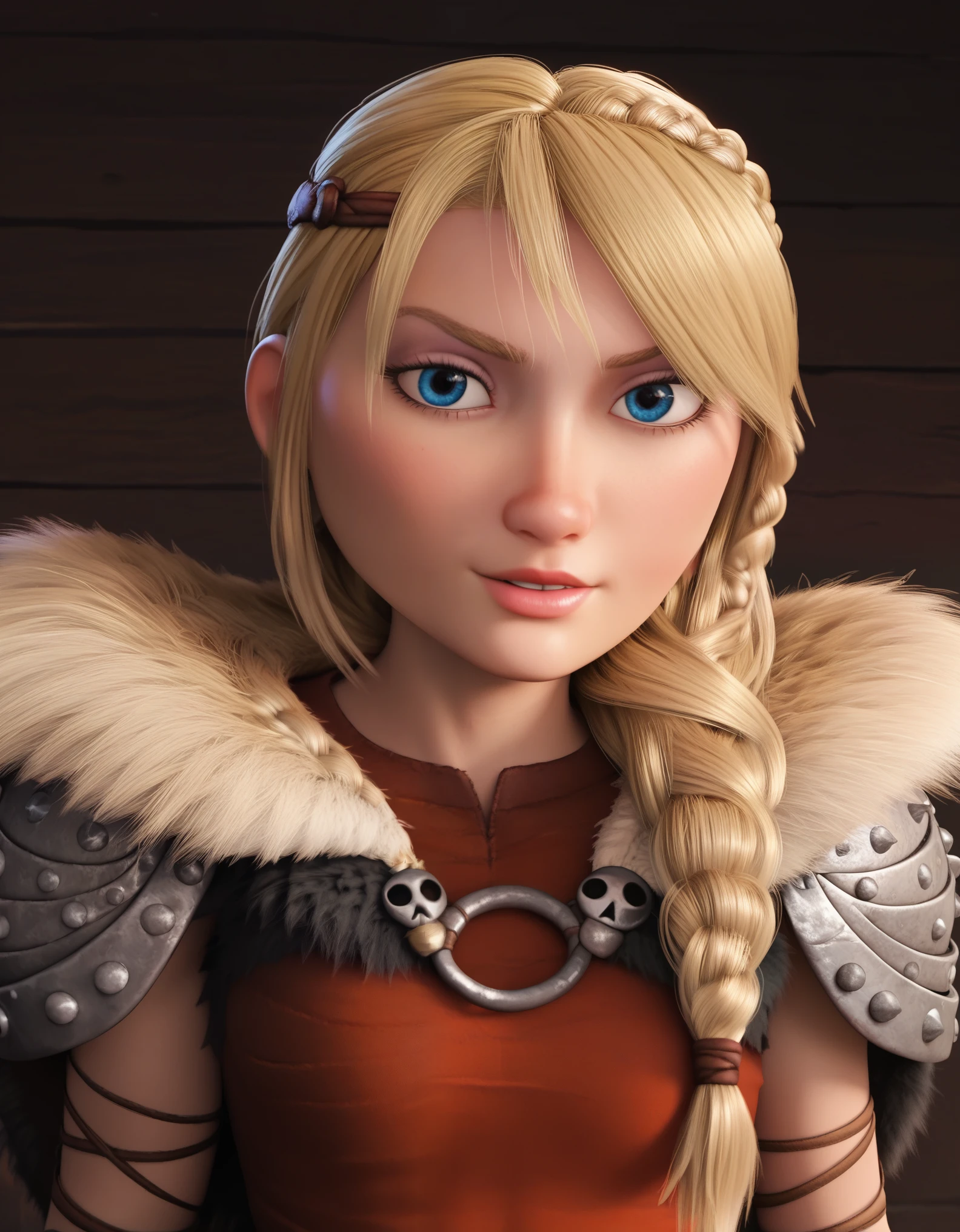 score_9, score_8_up, score_7_up, score_6_up BREAK ASTRIDHOFFERSON, 1girl, solo, blonde hair, braid, Long hair, blue eyes, fur trim, shoulder armor, armor, pauldron, looking at viewer, alluring, seductive, sultry, seductive look, lust, flirty