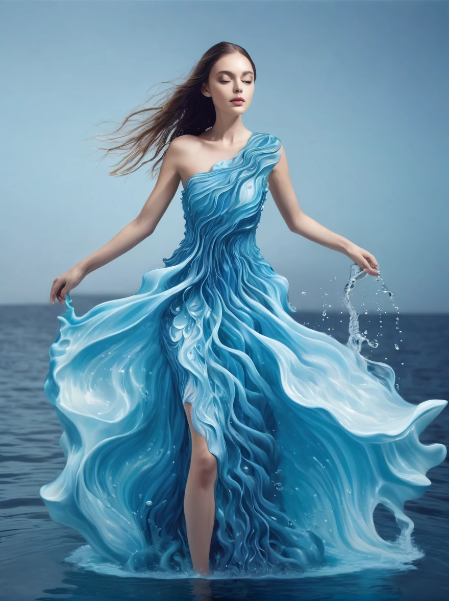 A girl，Wearing a gorgeous outfit made of water，Exquisite dress，Elegant water dress，Gorgeous and elegant，Luxurious clothing，Inspired by Hedi Xandt&#39;s design style，Her attire includes intricate clothing，ornate royal robes，Fine clothing and robes，and dresses with delicate and elegant details，She stepped on high heels，Dressed in royal style，Her hands have finely detailed finger drawings，(((The fire burned in her body，Also dancing on the skirt，The fire element gave her a winged form)))，(Covered with transparent fabric，It's a masterpiece, The highest quality artistic presentation:1.2)，(8K resolution high-definition RAW photos，a realistic style，Photorealistic:1.3)，(Skin texture is extremely detailed, The fabric texture is exquisite, Realistic flame effects, Beautiful and delicate face:1.25)，Professional lighting arrangement，Photon Mapping Technology，Soft and beautiful light processing，Radiometric calculation method，High-end shooting techniques such as physically based realistic rendering and ray tracing technology are used in it，Model-like shooting style，(Extremely fine CG unified 8K wallpaper)，Full-length photo shows one of the most beautiful works of art in the world