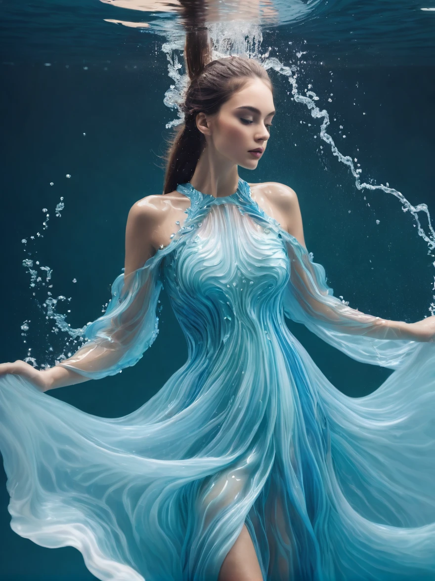 A girl，Wearing a gorgeous outfit made of water，Exquisite dress，Elegant water dress，Gorgeous and elegant，Luxurious clothing，Inspired by Hedi Xandt&#39;s design style，Her attire includes intricate clothing，ornate royal robes，Fine clothing and robes，and dresses with delicate and elegant details，She stepped on high heels，Dressed in royal style，Her hands have finely detailed finger drawings，(((The fire burned in her body，Also dancing on the skirt，The fire element gave her a winged form)))，(Covered with transparent fabric，It's a masterpiece, The highest quality artistic presentation:1.2)，(8K resolution high-definition RAW photos，a realistic style，Photorealistic:1.3)，(Skin texture is extremely detailed, The fabric texture is exquisite, Realistic flame effects, Beautiful and delicate face:1.25)，Professional lighting arrangement，Photon Mapping Technology，Soft and beautiful light processing，Radiometric calculation method，High-end shooting techniques such as physically based realistic rendering and ray tracing technology are used in it，Model-like shooting style，(Extremely fine CG unified 8K wallpaper)，Full-length photo shows one of the most beautiful works of art in the world