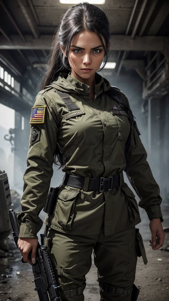 Create an ultra realistic 3D image of a beautiful girl with beautiful green eyes and long eyelashes dressed in a black and silver gray military uniform with all its ornaments,  The girl is tough and strong, she carries military weapons, a rifle with a telescopic sight of the latest generation, great and spectacular., His attitude is rude, he is rude, he is in combat and suffers the rigor of War., It is dirty and worn out by combat , His gaze carries strength and aggressiveness , His power and strength is reflected in his perfect and well-toned body. , his tattoos are great , the image must be perfectly detailed apply HDMI technologies, 1200 dpi and full in 132 k 