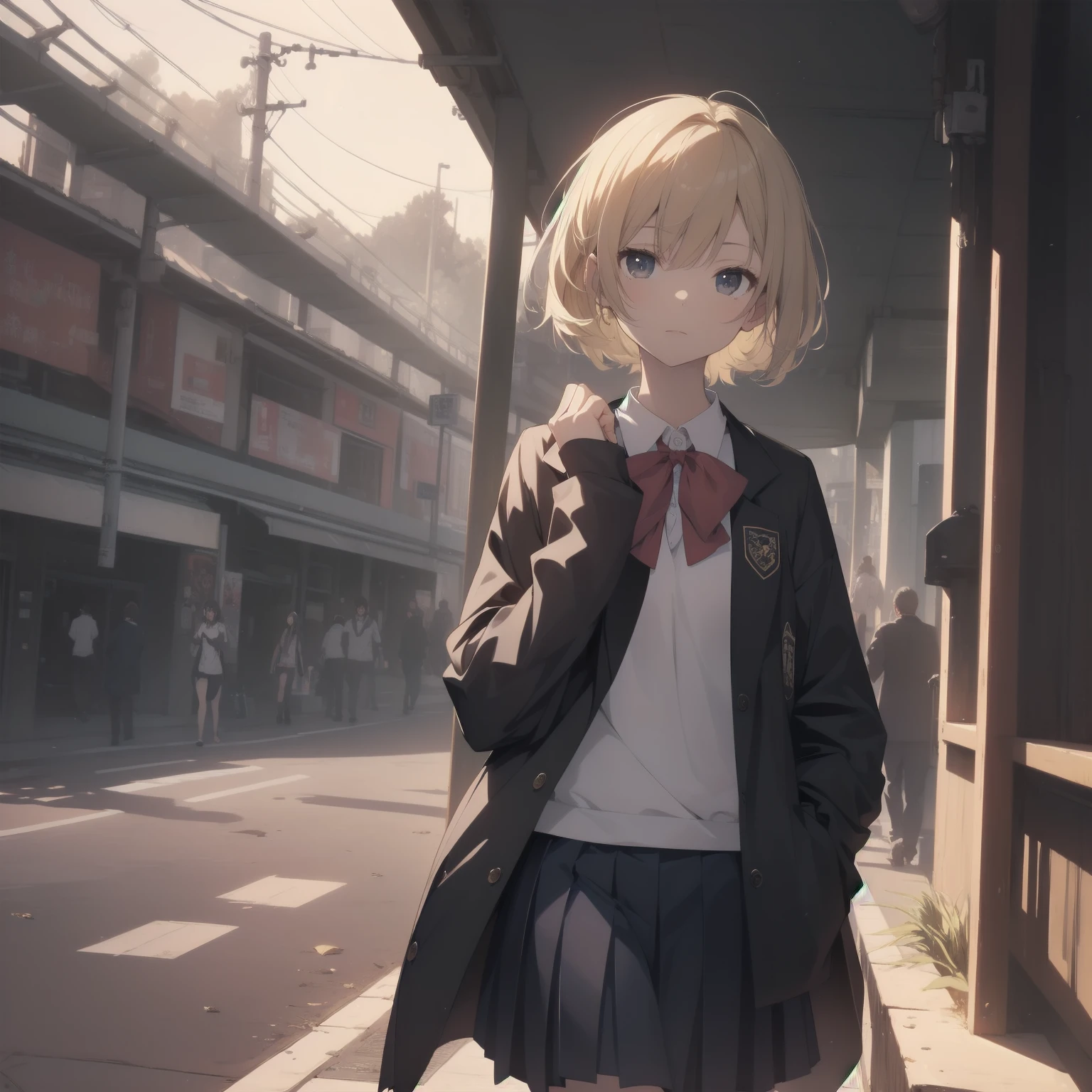 ultra-absurdres-Top quality by artist God, ultra-detailed, high resolution, anime moe artstyle, best anime 8k konachan wallpaper, pixiv contest winner, pool:2810, perfect anatomy,break, 1girl, (Please draw a girl walking sleepily to school alone. )break,(Solo,little female, 13-year-old:1.3),Full limbs, complete fingers,a junior high school student, (very short hair), short cut, flat chest, , small butt, small black eyes, beautiful detailed eyes, well-proportioned iris and pupils, expressive eyes, highres detailed hair, soft expression, salor school_uniform, sailor collar, serahuku, bow, pleated skirt,(Detailed Lighting), (Detailed background), in the School commute route. break,super detailed skin, Best cinematic lighting powered by famous artist, 8k,beauty illustration,photoshop_(medium),very aesthetic,break,((artist:zen_(kamuro) )), artist:clamp ,artist:carnelian ,artist:kantoku ,