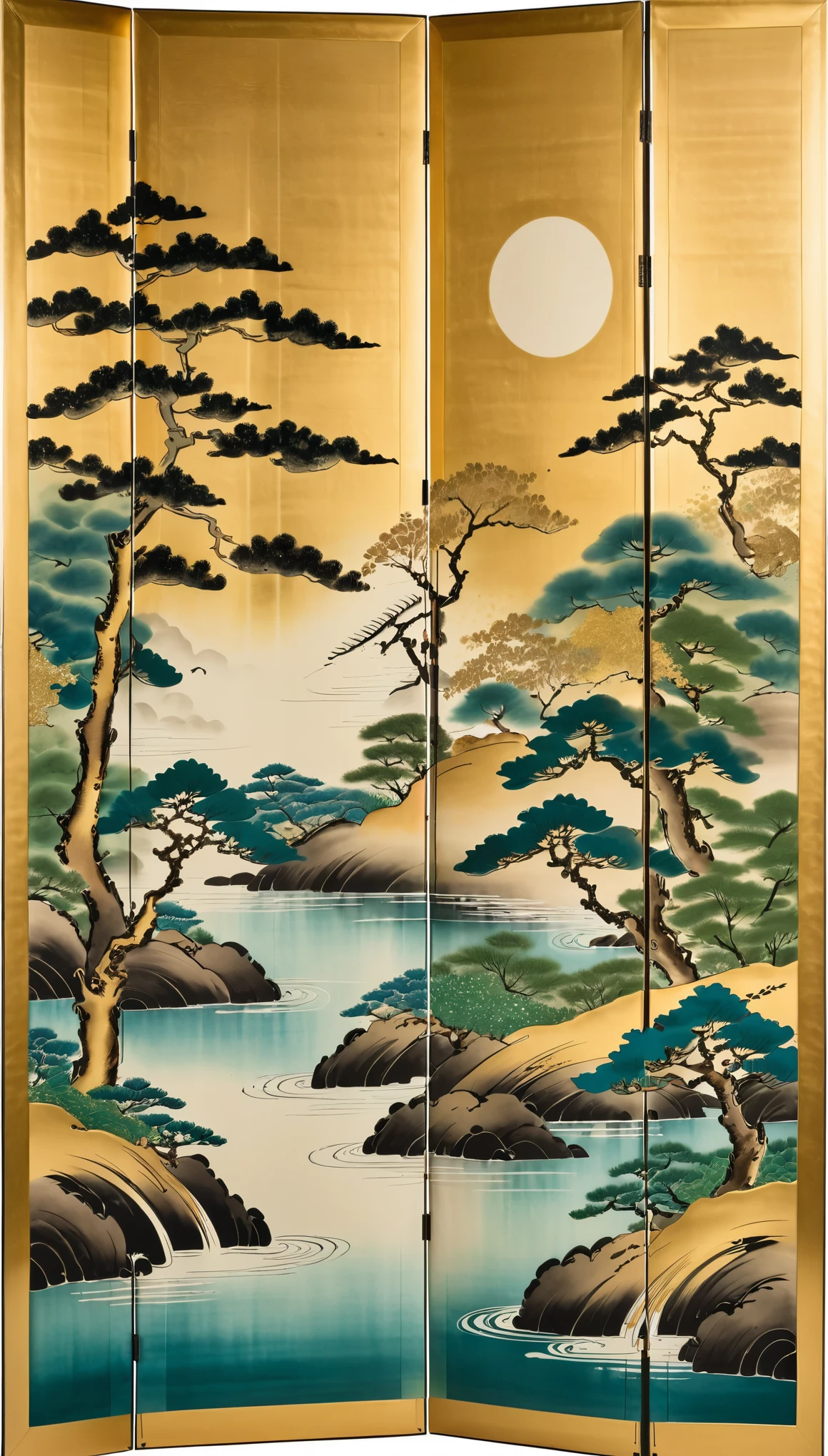 masterpiece,A folding screen depicting a Japanese garden,Ink and water Japanese painting,(Beautiful gradation created by layering),(Tarashikomi technique),(Gold dust base),(dynamic)