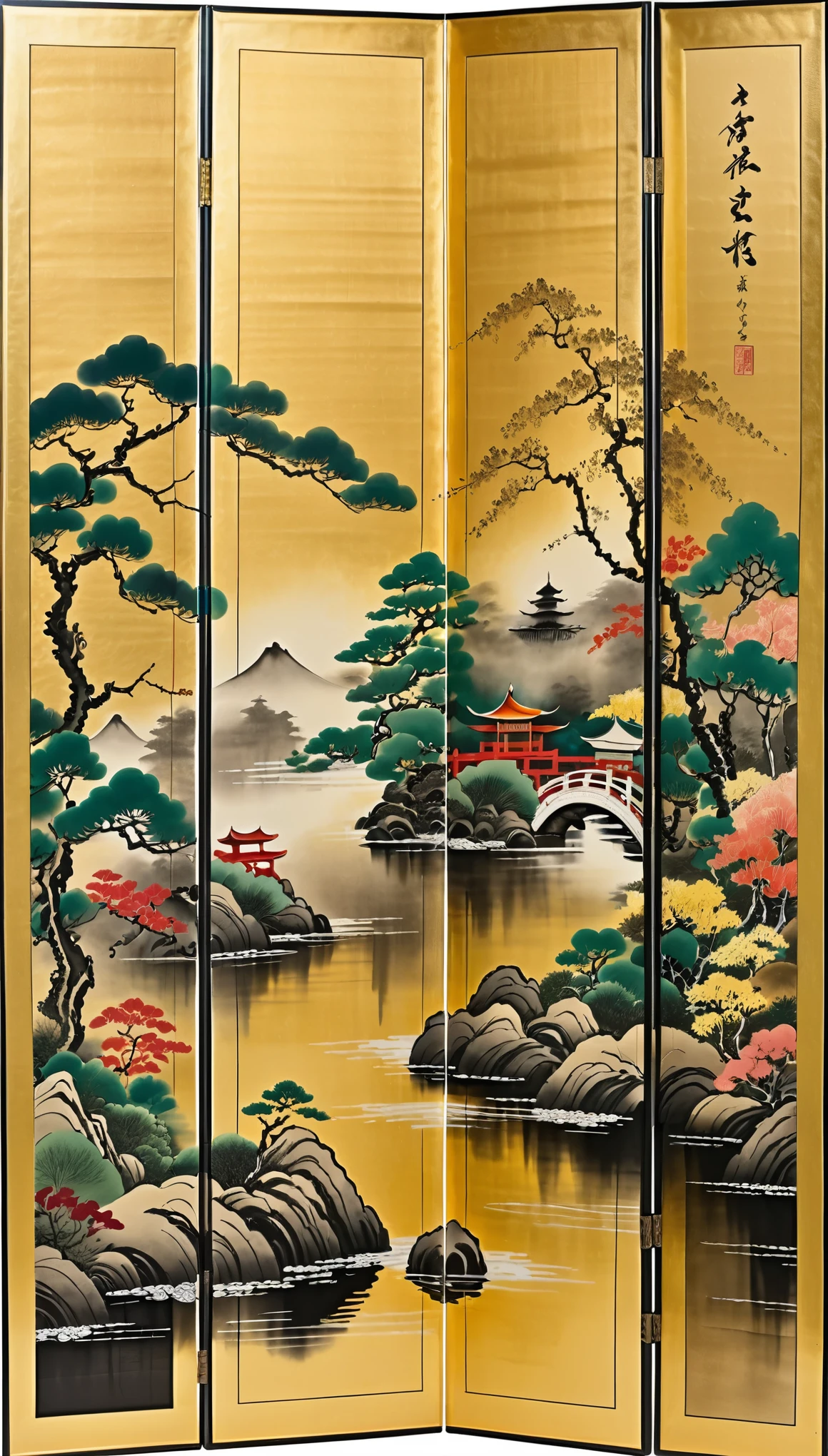 masterpiece,A folding screen depicting a Japanese garden,Ink and water Japanese painting,(Beautiful gradation created by layering),(Tarashikomi technique),(Gold dust base),(dynamic)