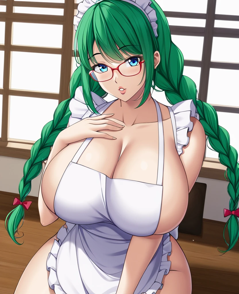 One Woman、Braided twin tails、Huge breasts、（Huge breasts：1.8)、Glasses、blue eyes、Green Hair、Staring at the audience、Sitting、Frills、Open lips、indoor、apron、window、Sideboob、白いapron、Frillsのapron、Place your hand on your chest