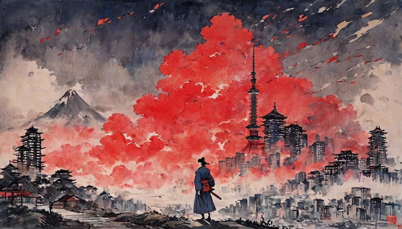 Katsushika Hokusai、vague、Mont、遠くに見えるskyscraper、Ink and watercolor、Light tones、calligraphy、Ink Painting　Ink Painting　cyber punk　skyscraper　cloud　Streetscape　Characters written with a brush　Red stamp in the corner