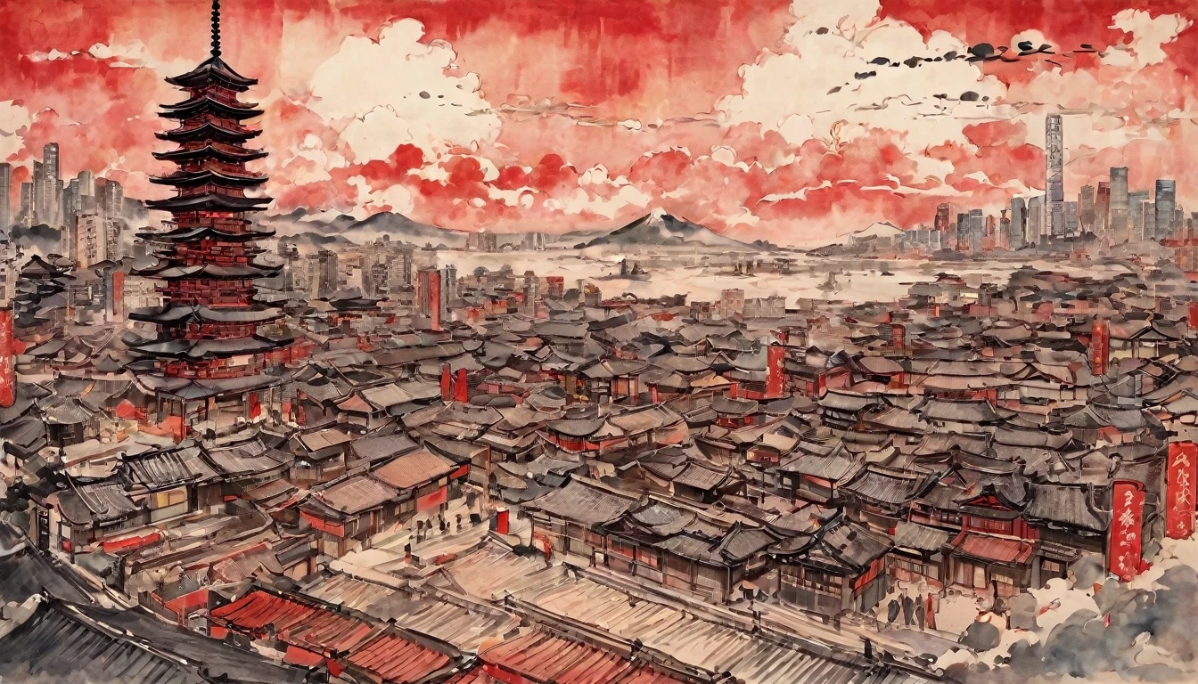 Katsushika Hokusai、vague、Mont、遠くに見えるskyscraper、Ink and watercolor、Light tones、calligraphy、Ink Painting Ink Painting cyber punk skyscraper cloud Streetscape Characters written with a brush Red stamp in the corner