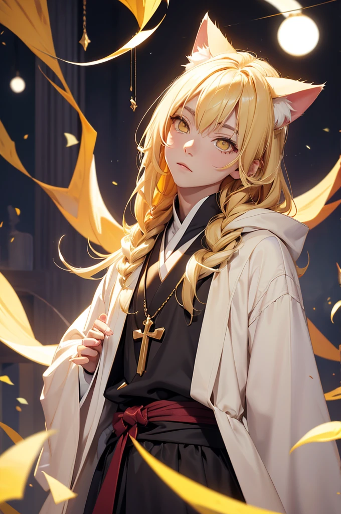 Blonde hair, Priest robes, yellow eyes, cat ears, big chest