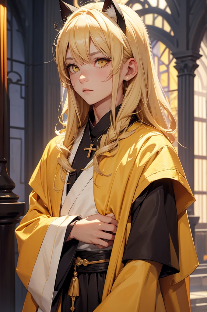 Blonde hair, Priest robes, yellow eyes, cat ears, big chest