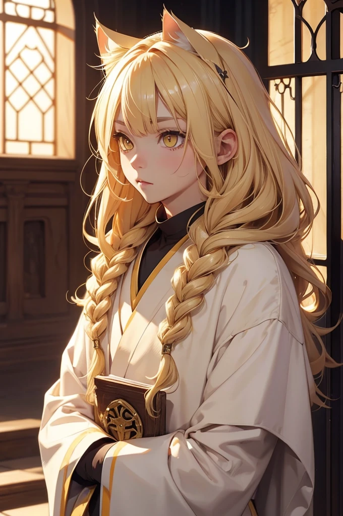Blonde hair, Priest robes, yellow eyes, cat ears, big chest