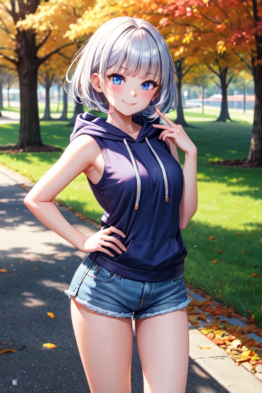 (masterpiece, best quality:1.2), absurdres, perfect anatomy, 1girl, (smug smile:1.2), POV, looking at viewer, hand on cheek, short hair, wavy hair, blunt bangs, silver hair, outdoors, autumn, pink \(sleeveless hoodie:1.2)\, hood down, ( jean shorts:1.1), solo focus, , soft lighting, public park, (blue eyes)