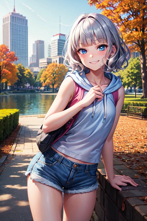 (masterpiece, best quality:1.2), absurdres, perfect anatomy, 1girl, (smug smile:1.2), POV, looking at viewer, hand on cheek, short hair, wavy hair, blunt bangs, silver hair, outdoors, autumn, pink \(sleeveless hoodie:1.2)\, hood down, ( jean shorts:1.1), solo focus, , soft lighting, public park, (blue eyes)