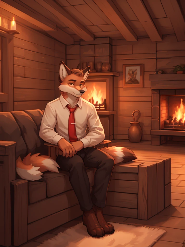 A serious-looking, anthropomorphic red fox with a furry body, wearing a black suit, white shirt, and red tie, with light brown eyes, in a relaxed pose, looking at the camera, in a wooden room with a fireplace, digital illustration