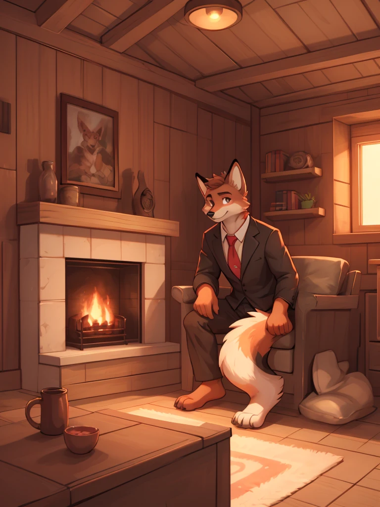 A serious-looking, anthropomorphic red fox with a furry body, wearing a black suit, white shirt, and red tie, with light brown eyes, in a relaxed pose, looking at the camera, in a wooden room with a fireplace, digital illustration