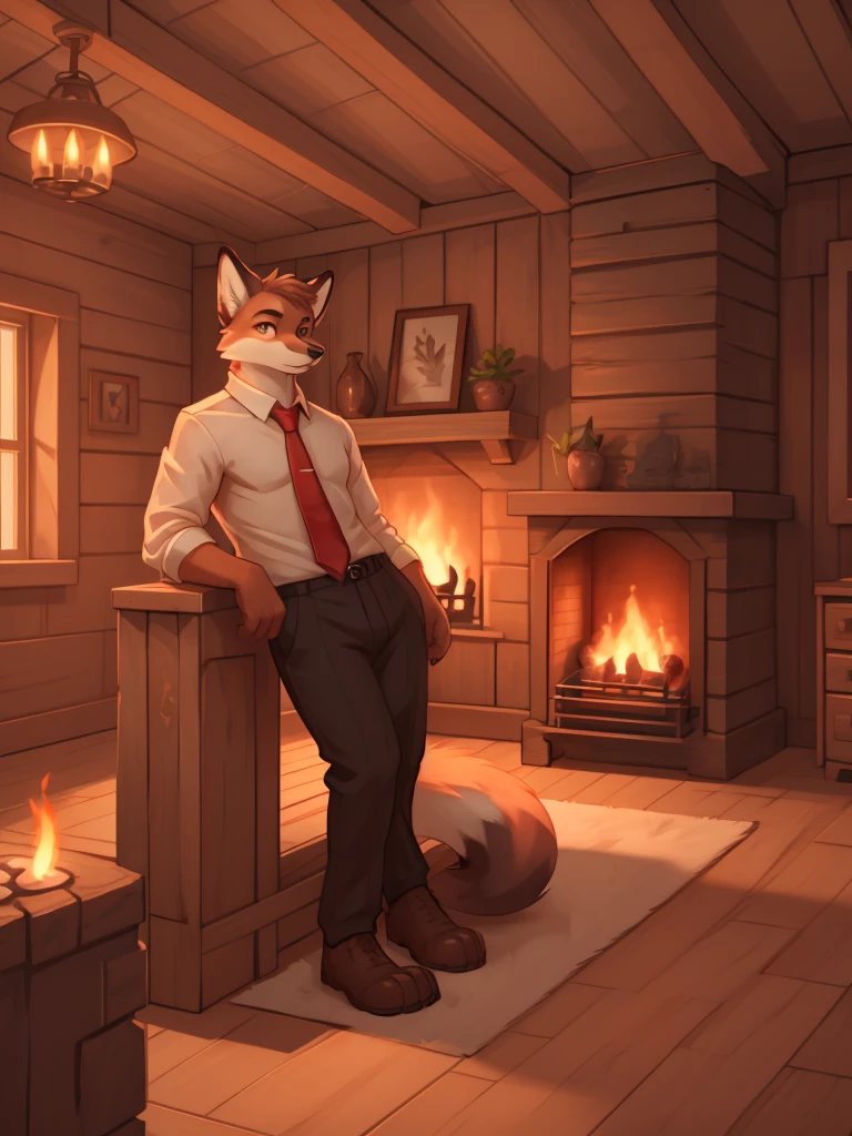 A serious-looking, anthropomorphic red fox with a furry body, wearing a black suit, white shirt, and red tie, with light brown eyes, in a relaxed pose, looking at the camera, in a wooden room with a fireplace, digital illustration