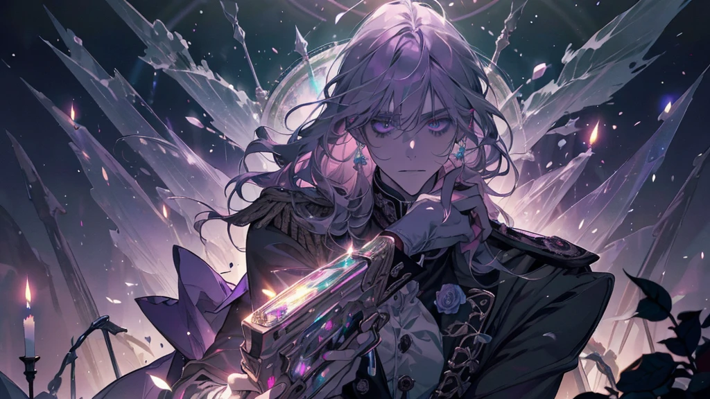 A Prince, purple lamp, haunting, mysterious, psychedelic, dark gray uniform with rainbow crystals, bioluminescent path, candles, briar, roses, thorns, pastel scatter light, epic, masterpiece