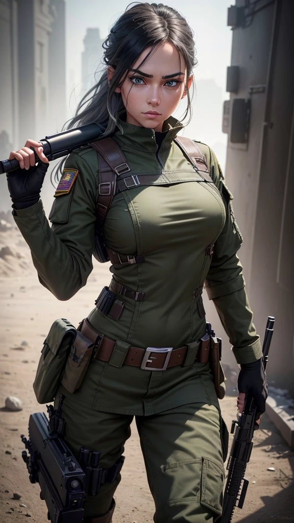 Create an ultra realistic 3D image of a beautiful girl with beautiful green eyes and long eyelashes dressed in a black and silver gray military uniform with all its ornaments, The girl is tough and strong, she carries military weapons, a rifle with a telescopic sight of the latest generation, great and spectacular., His attitude is rude, he is rude, he is in combat and suffers the rigor of War., It is dirty and worn out by combat , His gaze carries strength and aggressiveness , His power and strength is reflected in his perfect and well-toned body. , his tattoos are great , the image must be perfectly detailed apply HDMI technologies, 1200 dpi and full in 132 k