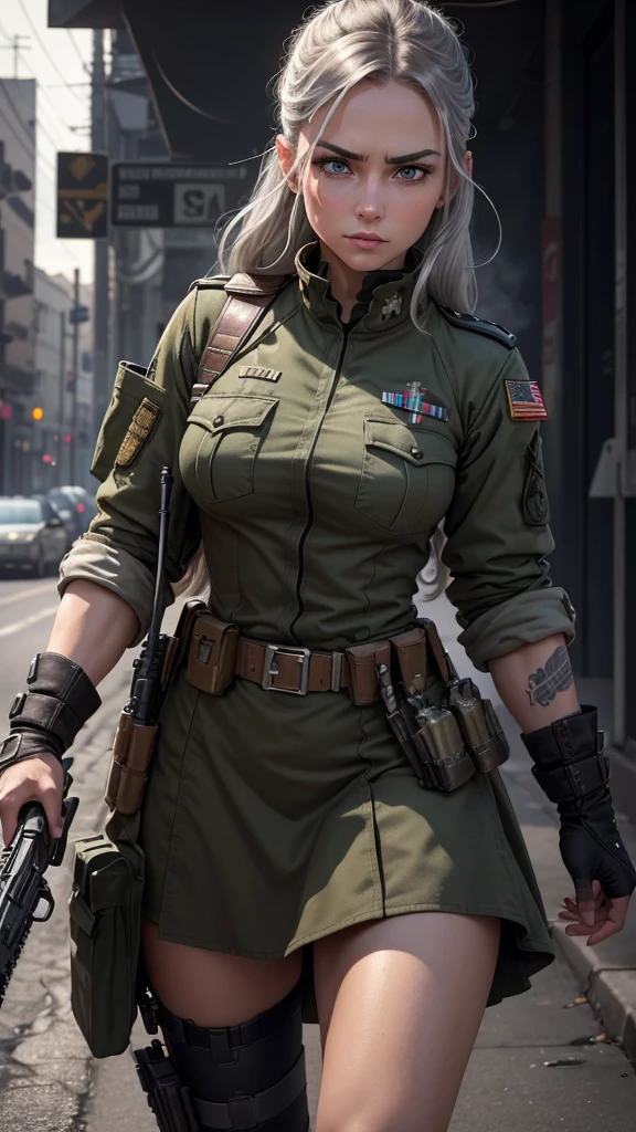 Create an ultra realistic 3D image of a beautiful girl with beautiful green eyes and long eyelashes dressed in a black and silver gray military uniform with all its ornaments, The girl is tough and strong, she carries military weapons, a rifle with a telescopic sight of the latest generation, great and spectacular., His attitude is rude, he is rude, he is in combat and suffers the rigor of War., It is dirty and worn out by combat , His gaze carries strength and aggressiveness , His power and strength is reflected in his perfect and well-toned body. , his tattoos are great , the image must be perfectly detailed apply HDMI technologies, 1200 dpi and full in 132 k
