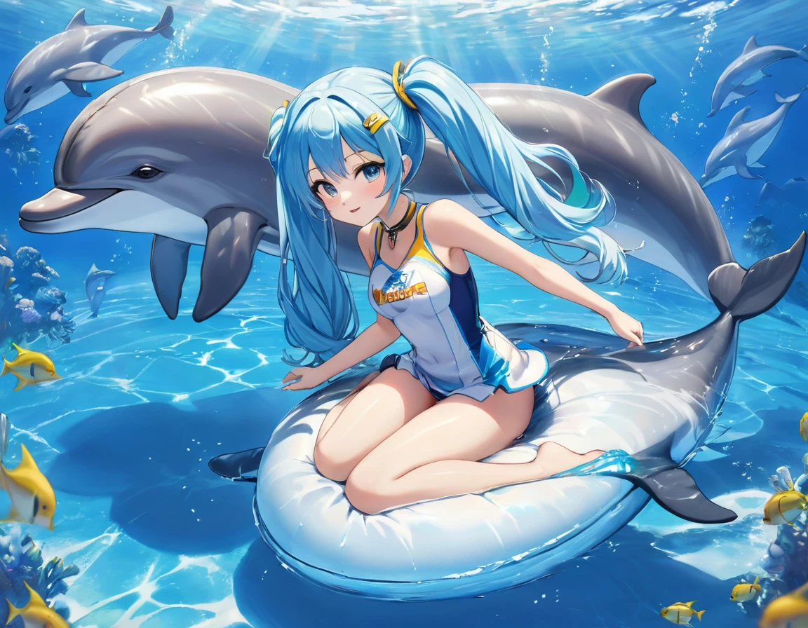 Dolphins swimming in the colorful ocean、Long light blue hair riding a dolphin、beautiful girl with twin tails、Inspired by Cyril Rolland, Beautiful artwork illustration, Colorful concept art,  Cyril Rolland style,  Very detailedな水彩画 8k, Very detailedな水彩画 8 K，Octane，end，Realistic，Clear lines, High Sharpness,Highest quality, Very detailed, Master Parts, Cinematic Lighting Effects, 4K 