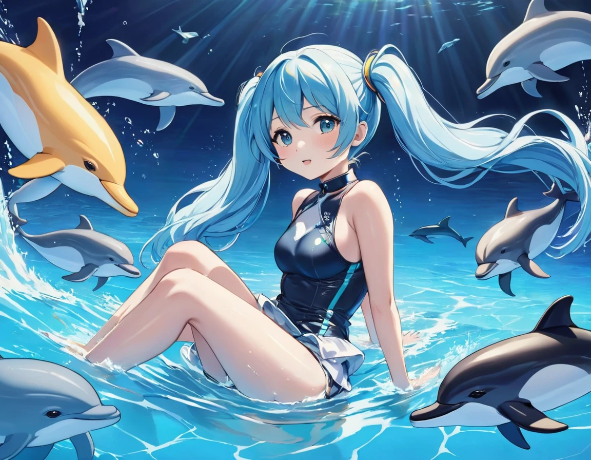 Dolphins swimming in the colorful ocean、Long light blue hair riding a dolphin、beautiful girl with twin tails、Inspired by Cyril Rolland, Beautiful artwork illustration, Colorful concept art, Cyril Rolland style, Very detailedな水彩画 8k, Very detailedな水彩画 8 K,Octane,end,Realistic,Clear lines, High Sharpness,Highest quality, Very detailed, Master Parts, Cinematic Lighting Effects, 4K