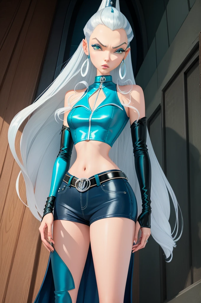 ​masterpiece, best quality, Ultra-detail, Illustration, 1 girl, icywinx, alone, very long hair, leather jacket, High-Waisted Jeans, Guccibelt, Creolen, navel, Fantasies, Cowboy-shot, hochnäsiger Blick, closed mouth, Fantasies worlds, Komposition,  