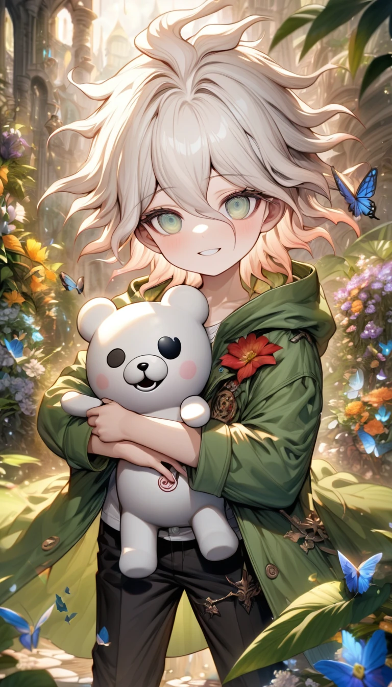 Ultra detailed, HDR, Highres, absurdres, master piece, Komaeda Nagito as chibi, white hair, expressive gray-green eyes, green coat with a hoodie, white shirt, black pants, Danganronpa, flowers, butterflies, fantasy, magical, green leaves, summer, little boy, cute, holding a plushie of Monokuma, smiling
