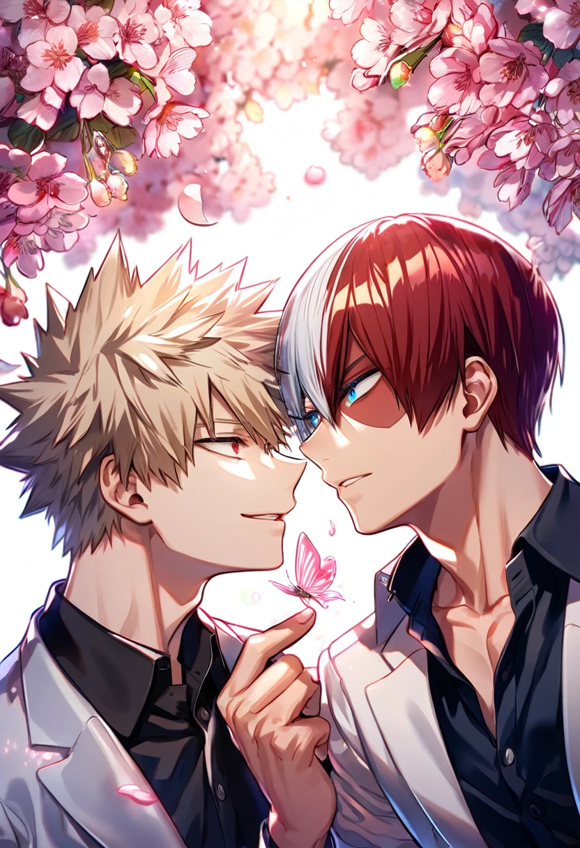 absurdres, highres, ultra detailed, HDR, master piece, best quality, extremely detailed, Todoroki Shouto, bicolored hair, right side of the hair white, left side of the hair red, expressive blue eyes, Boku No Hero Academia, Bakugo Katsuki, ash-blonde hair, expressive red eyes, two sexy men together, yaoi, gay couple, handsome, handsome smile, sensual, white coat, black shirt, magical, sparkling, pink glittering fireflies, pink ice, pink ice butterflies, pink ice petals, pink ice cherry blossoms, pink crystal, pink flowers, pink moon