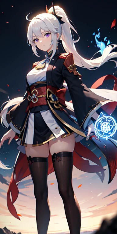 1girl, japanese clothes, ponytail ,white hair, purple eyes, magic circle, blue fire, blue flames, wallpaper, landscape, blood, blood splatter, depth of field, night, light particles, light rays, sidelighting, thighs, fate \(series\), genshin impact, ****, open jacket, skirt, thighhighs, cloud