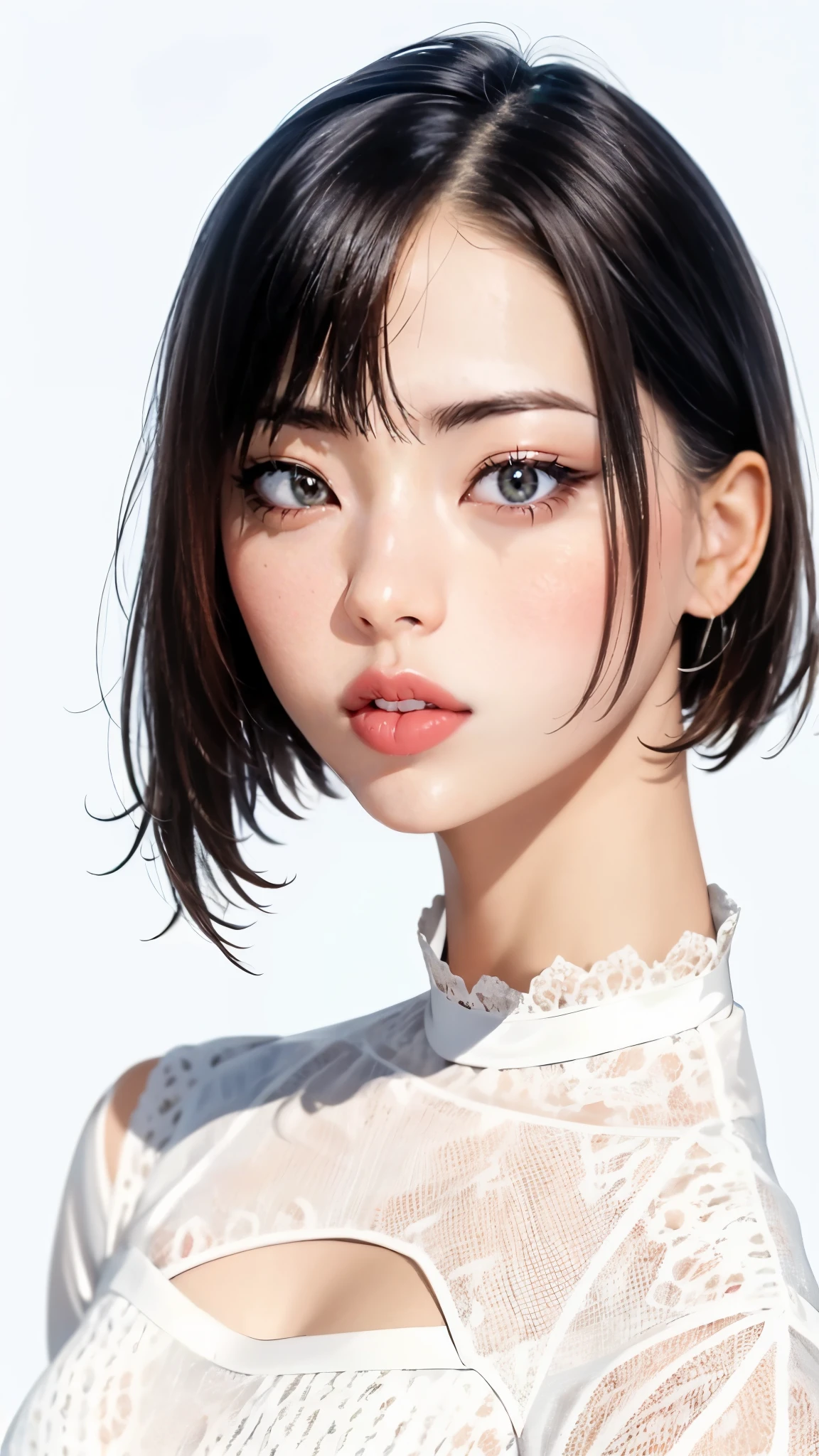 masterpiece、best image quality、Super fine、32K、look at the viewer、look straight ahead、luxury lace white blouse、short hair facing outside、light brown hair、46 points diagonal bang、highest quality、(real:1.4),ultra high resolution、 (thin and beautiful eyes:1.6)、Symmetrical、highly detailed face、perfect lighting、(perfect anatomy)、(white background:1)、hotgenic、best image quality、Characteristics of short hair、high quality、visual art、