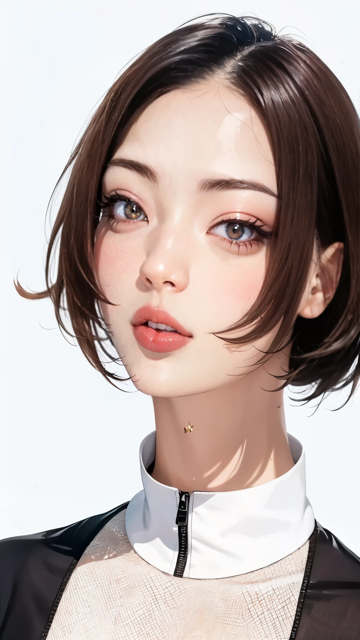 masterpiece、best image quality、Super fine、32K、look at the viewer、look straight ahead、luxury lace white blouse、short hair facing outside、light brown hair、46 points diagonal bang、highest quality、(real:1.4),ultra high resolution、 (thin and beautiful eyes:1.6)、Symmetrical、highly detailed face、perfect lighting、(perfect anatomy)、(white background:1)、hotgenic、best image quality、Characteristics of short hair、high quality、visual art、