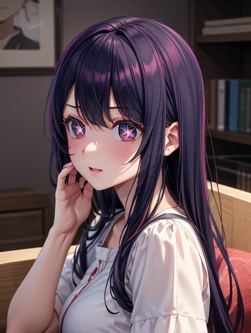 (8k, Ultra-high resolution, The best masterpiece, best quality:1.2), Very detailed, Complete Solution, (actual, actual photo: 1.37), portrait, Half Body, side, focus on eyes, HD RAW photos, career arrest, High quality and beautiful, 超高清 8k 影像照片, confess, Professional photography, Very detailed的美麗女孩, Super delicate face shape, Contoured eyes, (Very detailed eyes), Delicate skin, (HD Skin:1.2), Neatly contoured fingers, (20:1.2), Twenty generations, cute girl, young beautiful mother, solo, Ai Hoshino, Hoshino Ai, Permanent, (Wearing home clothes), Vibrant look, (Living room at home), Dynamic dark purple long hair, shiny purple eyes, (Star-shaped pupil:1.5), one hand raised, Sensual, exuding maternal love, perfect anatomy, Detailed background, HD Background, Volumetric lighting, actual, stunning details, 8k Ultra HD, high quality, CG unity, C4D Rendering, 3D Rendering, Octane Rendering,