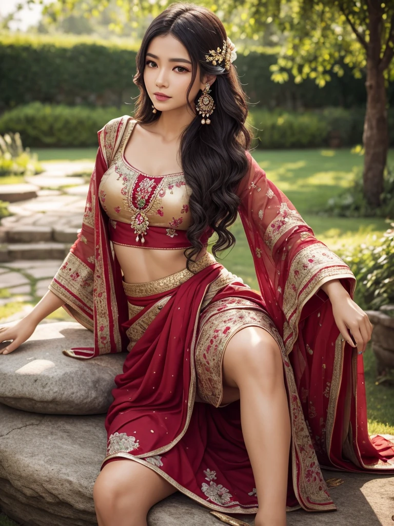 beautiful girl, Black wavy hair, Wear traditional Indian clothes, sitting on a stone in the garden , Beautiful flowers and tresses in the background., 8ก, Very realistic, Highly detailed, High texture, waist, leg, ต้นleg, jewelry on waist, charming, Look sexy