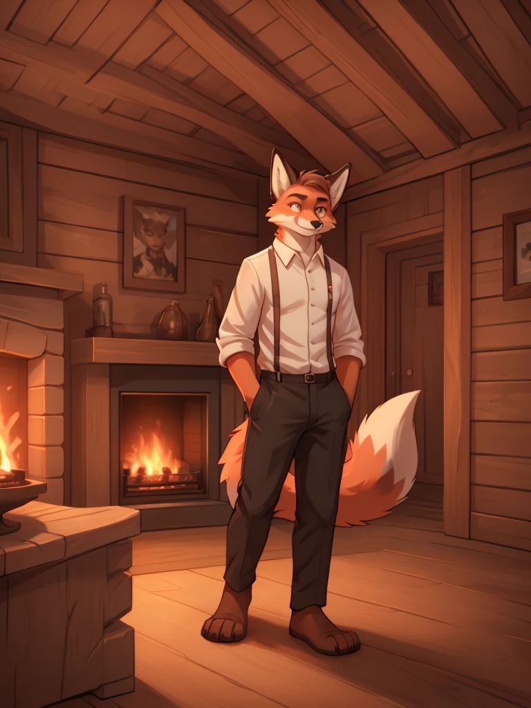 A serious-looking, anthropomorphic red fox with a furry body, wearing a black suit, white shirt, and red tie, with light brown eyes, in a relaxed pose, looking at the camera, in a wooden room with a fireplace, digital illustration