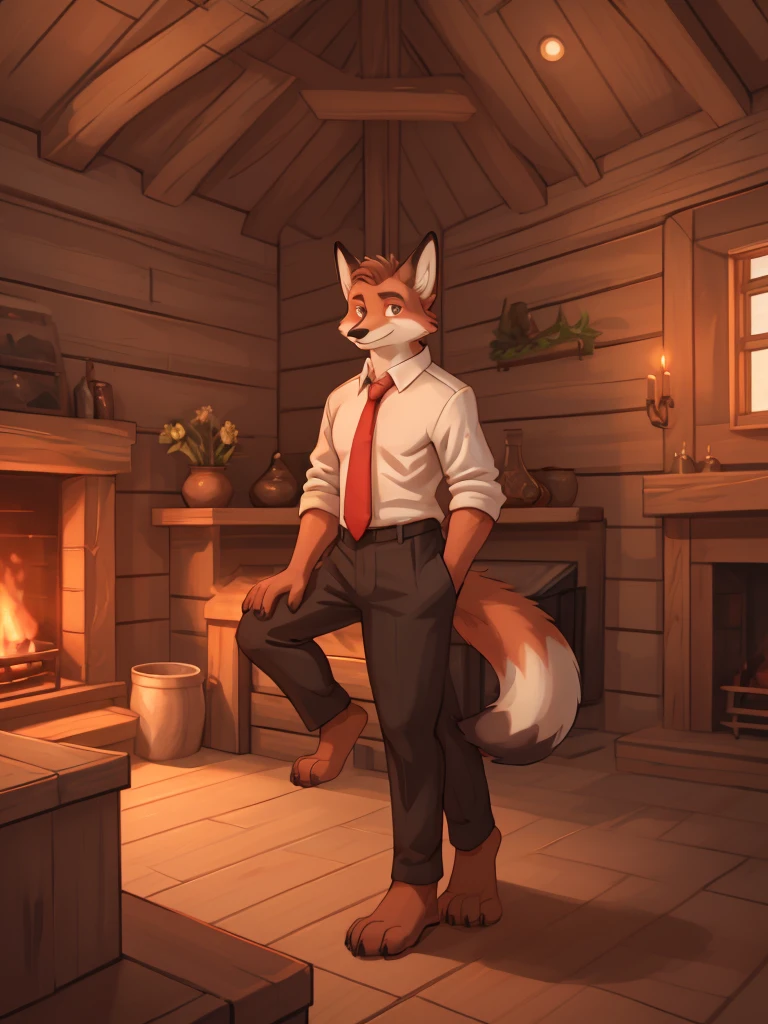 A serious-looking, anthropomorphic red fox with a furry body, wearing a black suit, white shirt, and red tie, with light brown eyes, in a relaxed pose, looking at the camera, in a wooden room with a fireplace, digital illustration