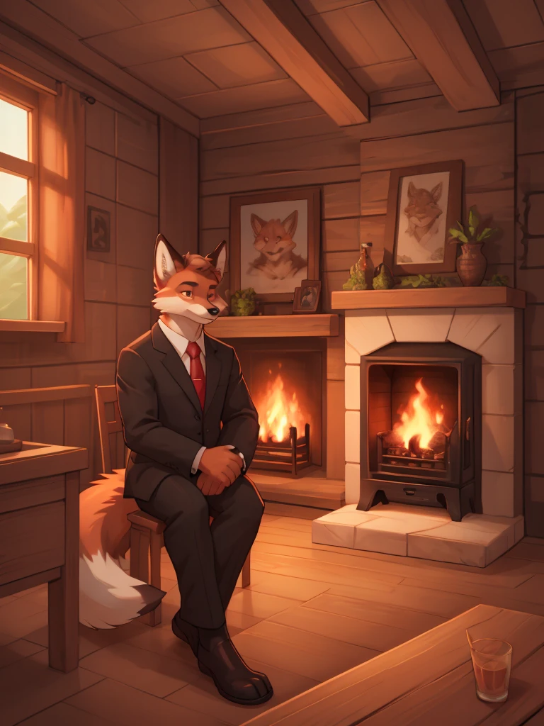 A serious-looking, anthropomorphic red fox with a furry body, wearing a black suit, white shirt, and red tie, with light brown eyes, in a relaxed pose, looking at the camera, in a wooden room with a fireplace, digital illustration