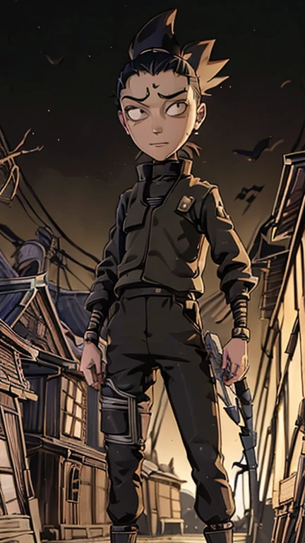 best quality,masterpiece,1boy,solo,(((ars old)japanese boy,an extremely cute and handsome boy,highly detailed beautiful face and eyes,petit,cute face,lovely face,baby face,shy smile,show teeth, black hair,short hair,flat chest,skinny,slender,(((wearing a Nara_Shikamaru)),(((standing in Dark Midnight gothic Konoha Village))),she is looking at the viewer,TimBurton Animation style,upper body close up