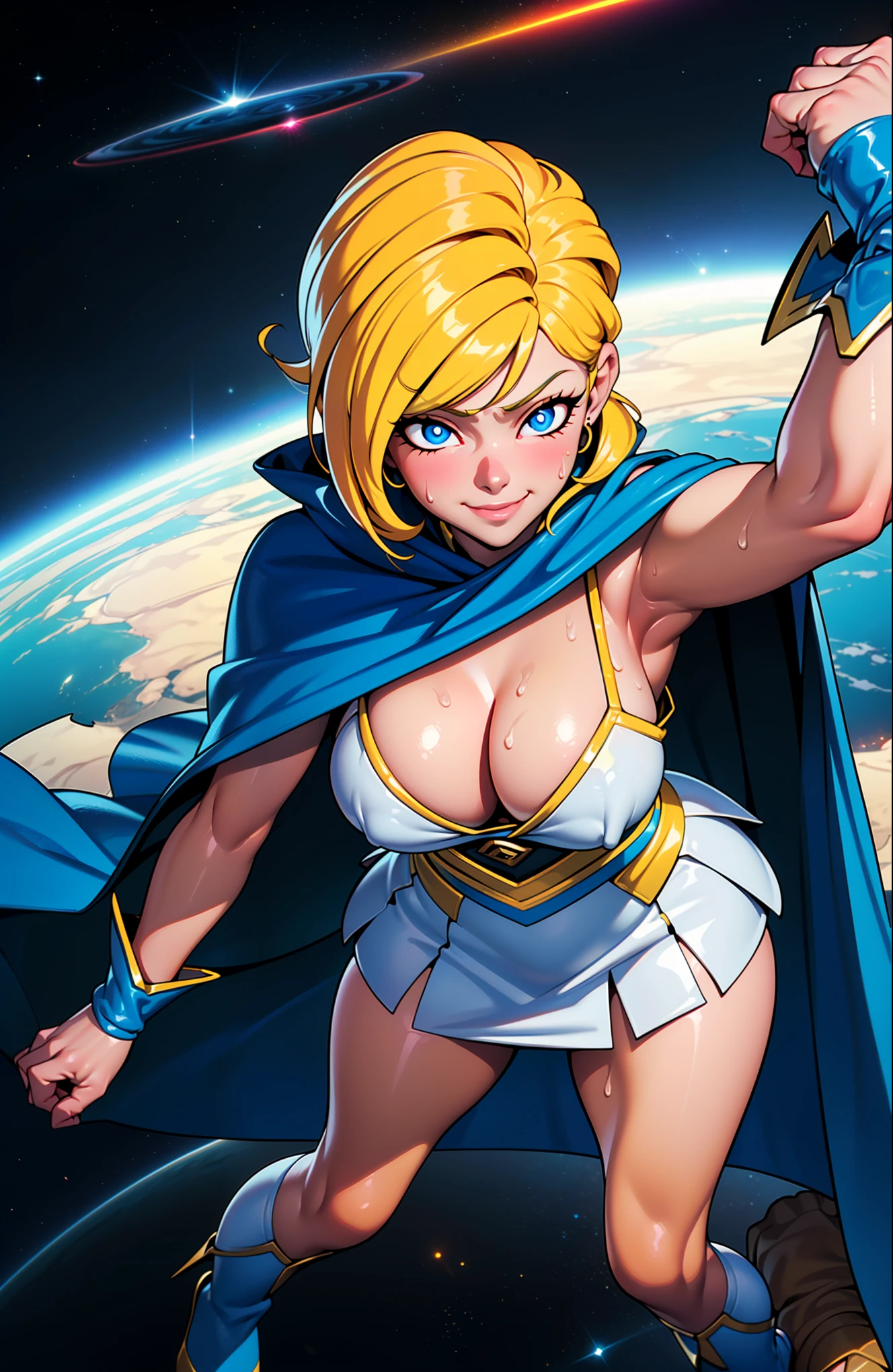 Digital painting of a woman, yellow hair, super hero, muscle girl, red mixed blue mixed white costume (mixed color costume:1.5), pose, fist up, ((from above)), 1knee up, Behance Contest Winner, Afrofuturism, Synthwave, neon, glowing neon, sagging massive breasts, mini skirt, cape, sweat, glossy silky skin, smile,  in space, 