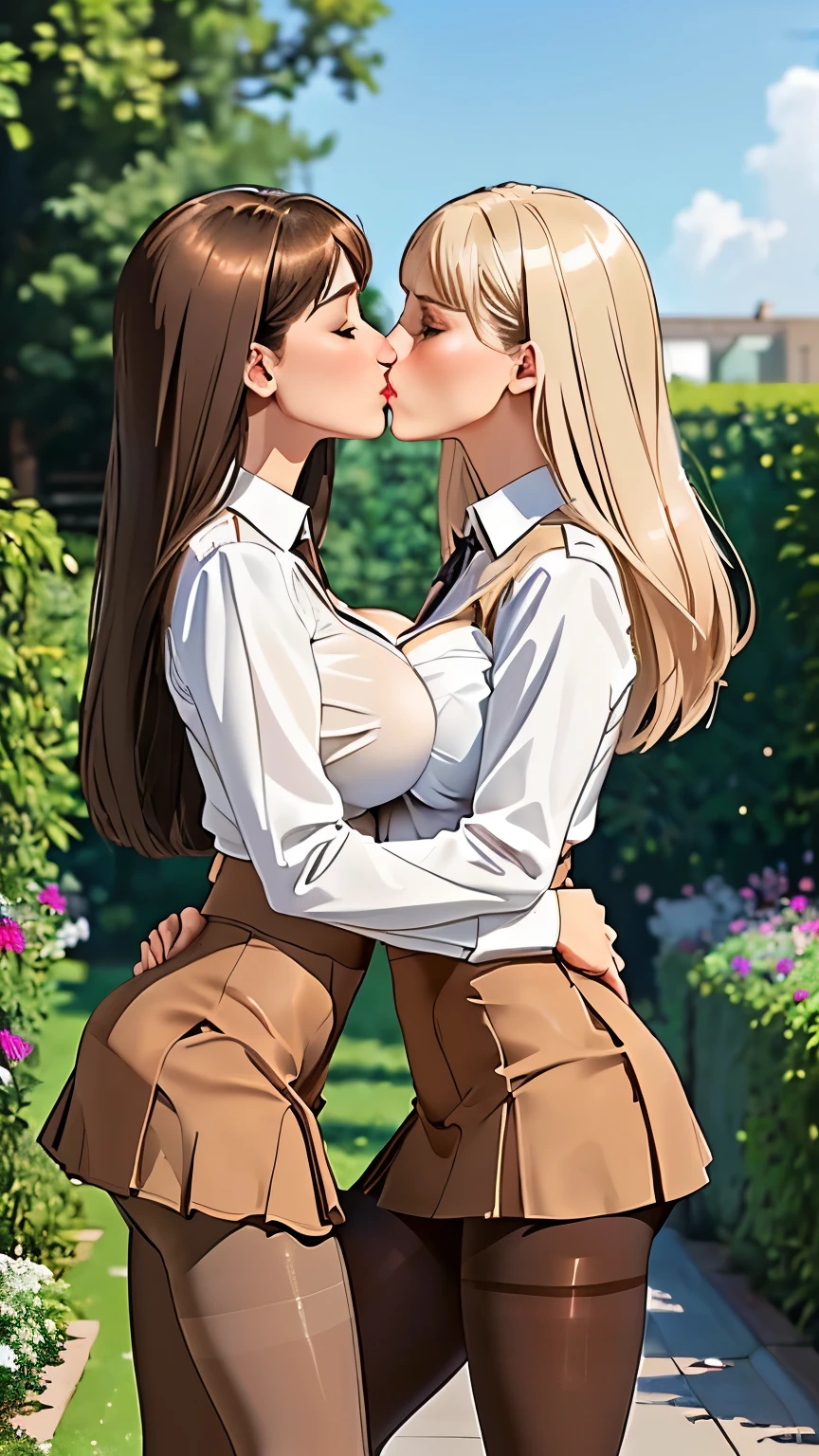 (2 girls:1.2), perfect body, (ideal feminine body:1.1), (huge breasts:1.3), fit body, (brown pantyhose:1.5), low denier, (emphasis on legs and feet:1.3), (black low wedge heel booties:1.1), long straight platinum-blonde hair, (delicate almost transparent white blouse), open blouse, cleavage, (delicate miniskirt:1.2), (small hips:1.1), small butt, (thin:1.1), skinny girl, short, (155 centimeters tall), athletic, detailed face, detailed skin, (kissing:1.1), airline stewardess, flight attendant, backdrop of a well-maintained garden, masterpiece, natural lighting, 8k, HDR, amazing details, hyper-realistic, photorealistic, beautiful face, highly attractive, (group shot:1.4), (show entire body), (making out:1.1)