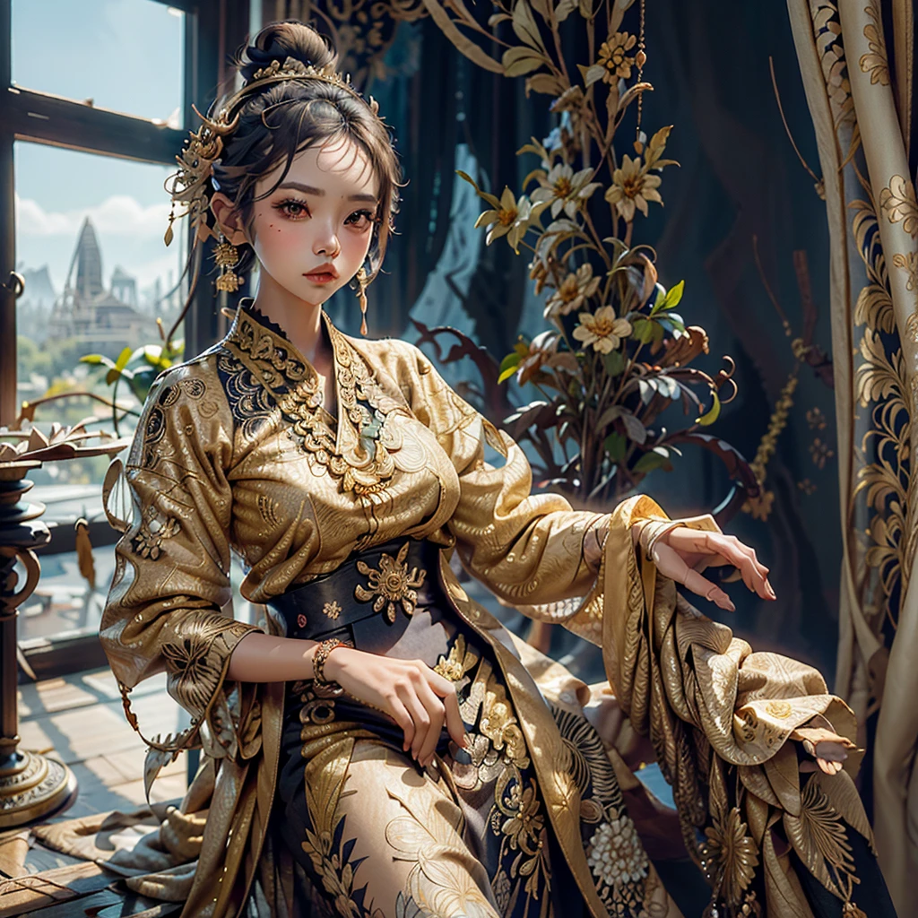 fullbody snapshot a beautifull woman, wear batik kebaya, intricately design, borobudur temple Environment in the background, dramatic, UHD, 32K, ornate detail, very clean and detailed