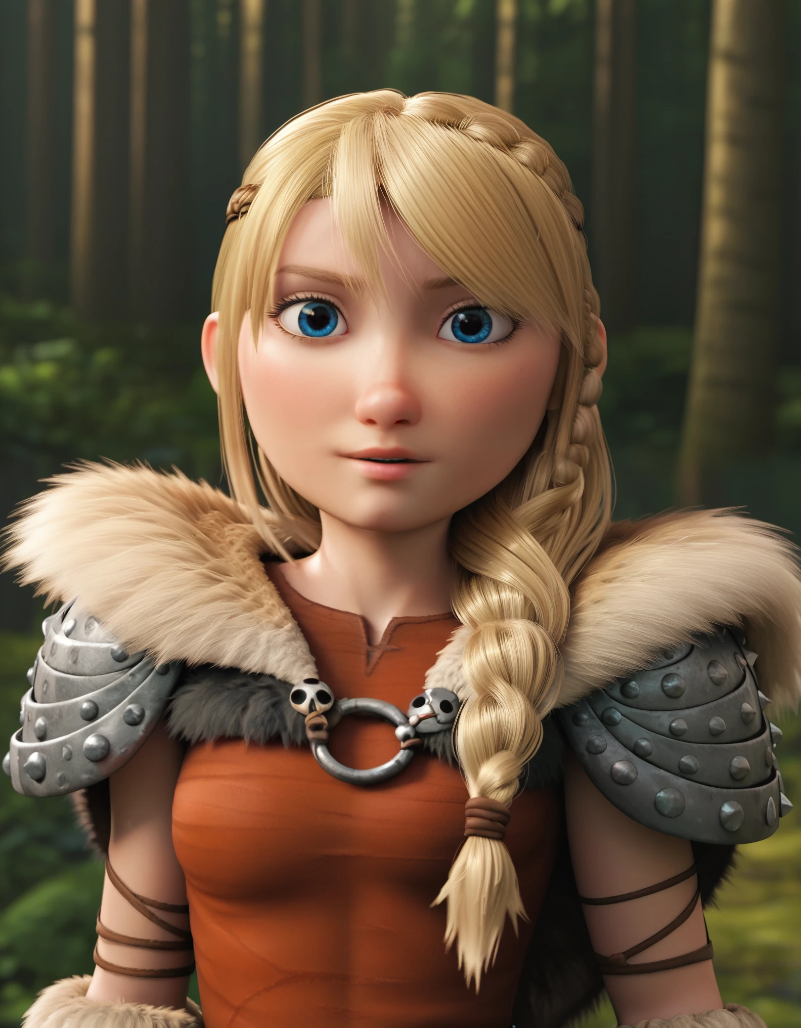 score_9, score_8_up, BREAK, ASTRIDHOFFERSON, 1girl, solo, blonde hair, braid, Long hair, blue eyes, fur trim, shoulder armor, armor, pauldron, upper body, depth of field, forest,