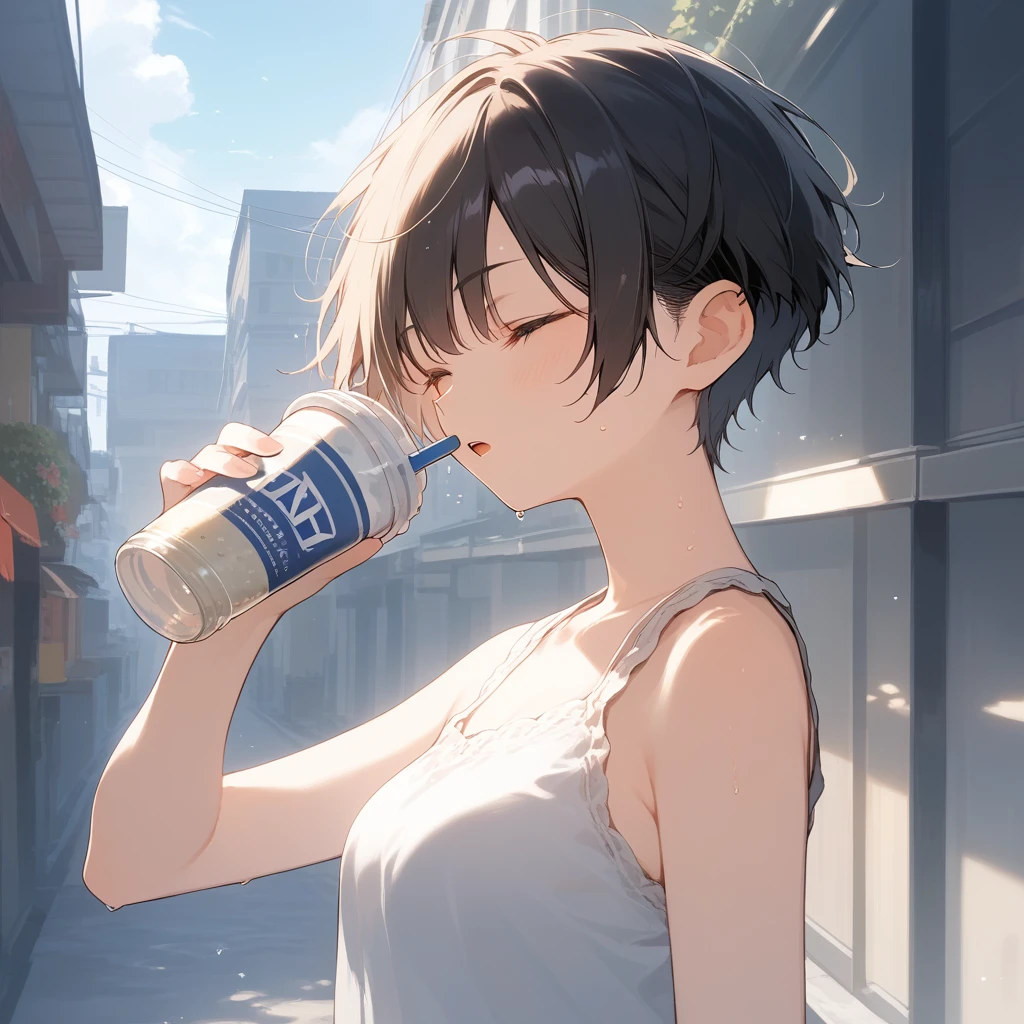 score_9, score_8_up, score_7_up, source_anime, best quality, masterpiece, official art, absurdres, highres, ultra-detailed,waifu2x,Collection: Serious Beauty,break,1girl, tomboy, very short hair, pixie cut, breasts, beautiful detailed eyes, open mouth, (yawn:0.3), sleepily, , shorts, sweat, drink, parted lips, outdoors, rural, wind, break,(clear line illustration:1.2), super detailed skin,very high resolution, very aesthetic, Best sexual lighting powered by famous artist, 8k, beauty illustration,photoshop_(medium),,(Detailed Lighting),best anime 8k konachan wallpaper, pixiv contest winner,