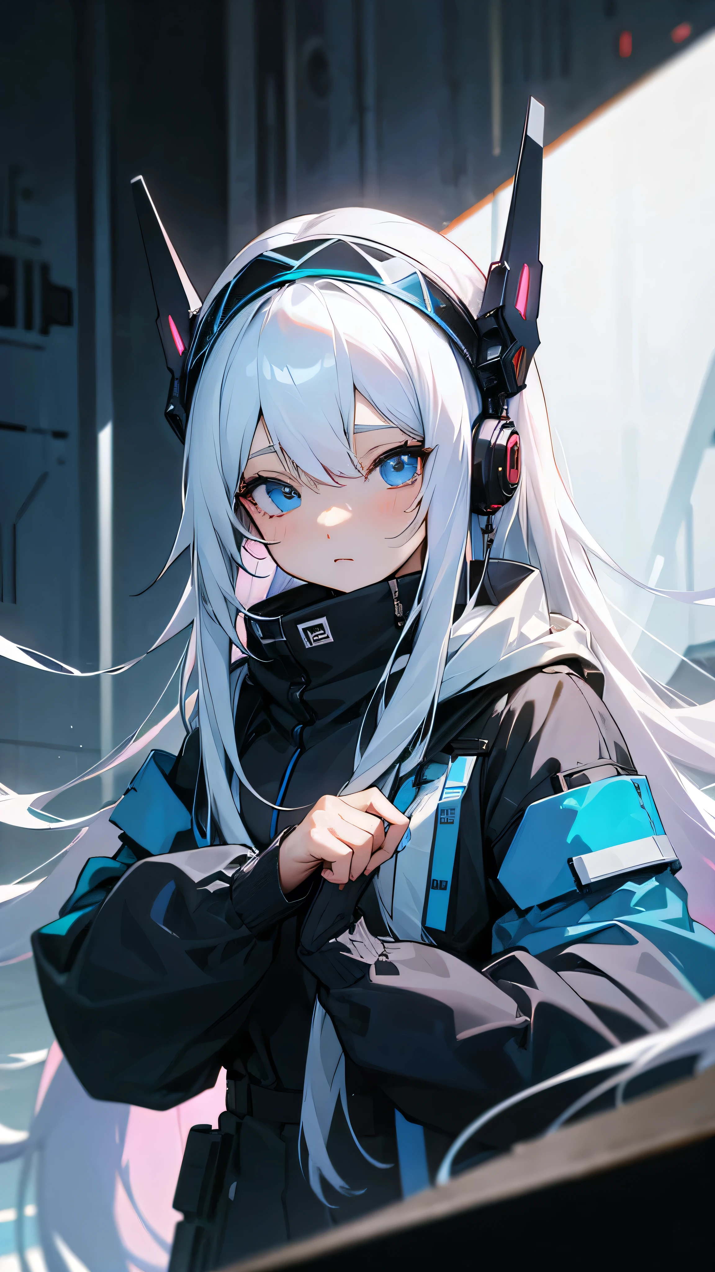 Anime Girl，high resolution, earphone, Ultra HD, Extra long hair, White hair，Blue Eyes，cute，grace，High and cold，Headdress, Cyberpunk style，Watch your hands