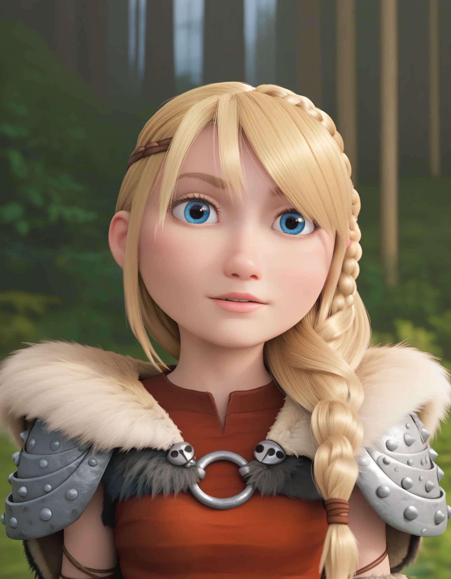 score_9, score_8_up, BREAK, ASTRIDHOFFERSON, 1girl, solo, blonde hair, braid, Long hair, blue eyes, fur trim, shoulder armor, armor, pauldron, upper body, depth of field, forest,