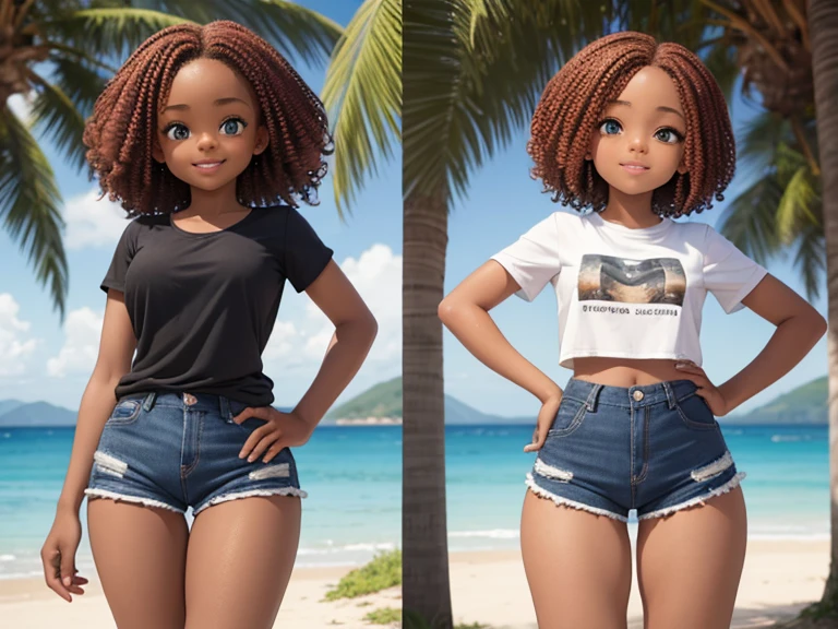 AFRICAN black girl, contagious smile, round face, 1.50 tall, 15 years, Red curly hair, blue eyes, perfect breasts, perfect butt, toned legs. CLOTHES: wet short t-shirt, tight shorts and sneakers. Confident pose with a delicate personality., with a NATURAL LANDSCAPE background.