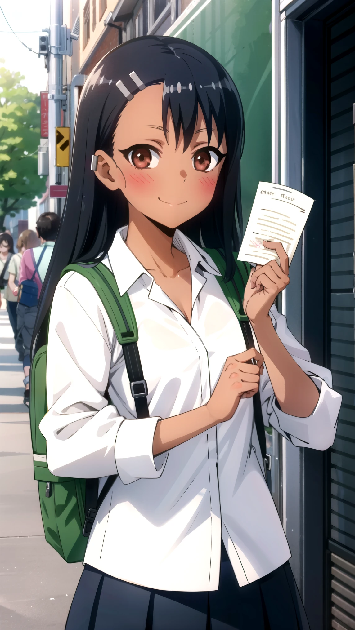 tall body, tall, long legs, mature female, mature, adult, Eft_Nagatoro_Main, nagatoro hayase, 1girl, blush, solo, shirt, black hair, bag, brown eyes, hair ornament, looking at viewer, hairclip, outdoors, backpack, smile, long hair, white shirt, dark-skinned female, dark skin, , bangs, day, skirt, collared shirt, collarbone, earclip, sleeves rolled up, Holding a sign reading "Diego sqanime", closed mouth, tree, asymmetrical bangs, upper body