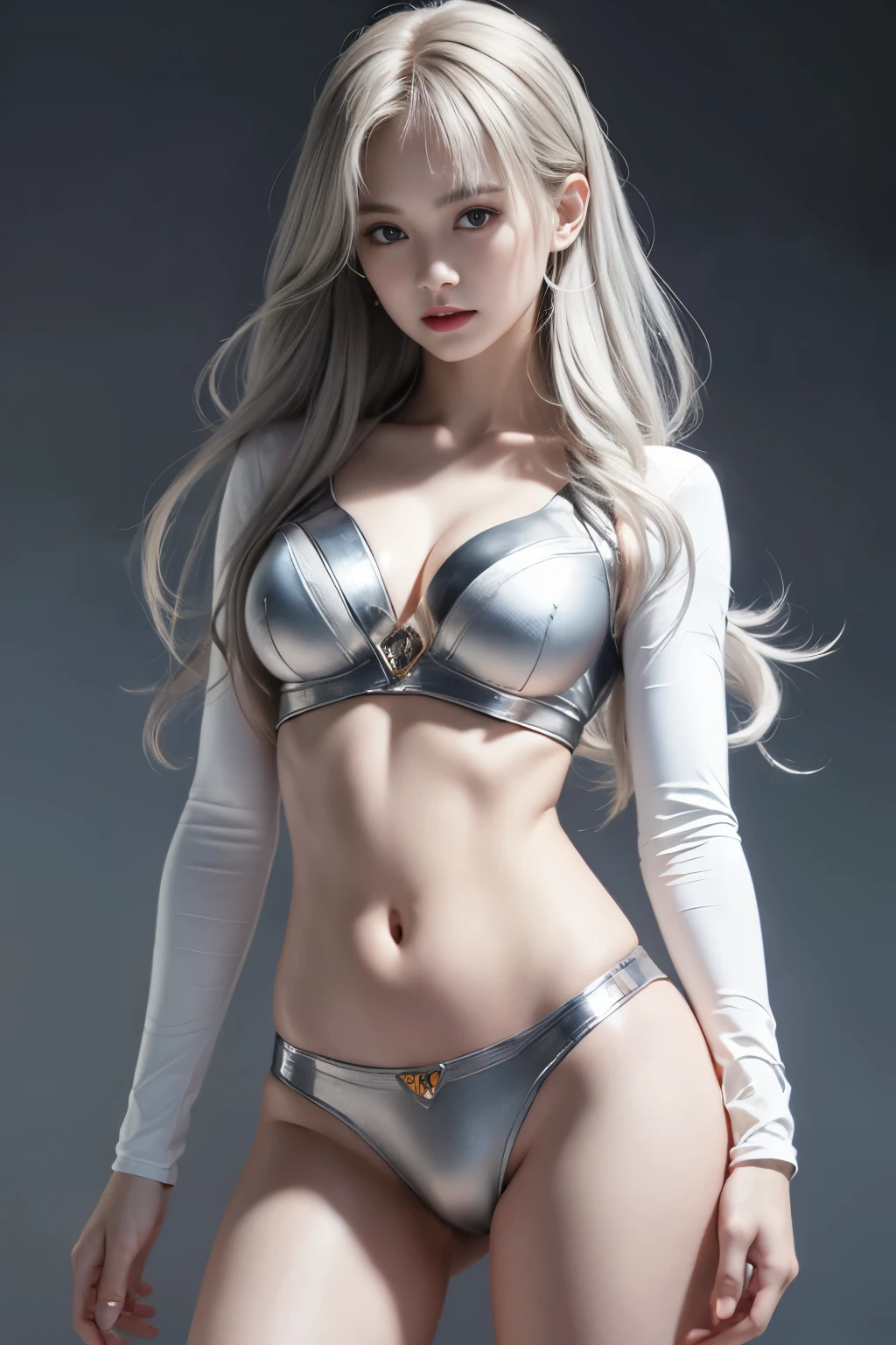 (White Superhero Theme Super Girl),( Doomsday City Destroyed:1.4),(Super Chika:1.4), (Gray hair ),More detailed 8K.Unreal Engine:1.4,ultra HD,La best quality:1.4, Realistic:1.4, Texture:1.4, masterpiece:1.8,masterpiece, best quality,Object Object], (Facial features are detailed:1.3), (Detailed hands:1.4),The belly button and the surrounding area are exposed,The crack between her legs is clearly visible,Beautiful nipples,Small breasts,Flat Chest,Small ,