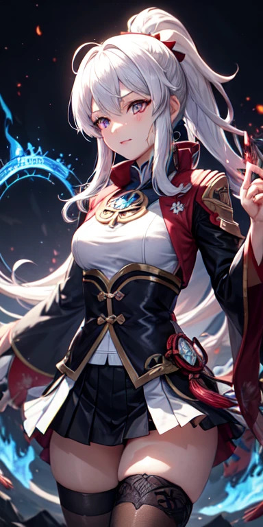 1girl, japanese clothes, ponytail ,white hair, purple eyes, magic circle, blue fire, blue flames, wallpaper, landscape, blood, blood splatter, depth of field, night, light particles, light rays, sidelighting, thighs, fate \(series\), genshin impact, ****, open jacket, skirt, thighhighs, cloud
